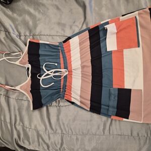 Striped Drawstring Pocket Sundress in Coral, Navy & Teal